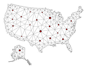 Polygonal mesh lockdown map of USA and Alaska. Abstract mesh lines and locks form map of USA and Alaska. Vector wire frame 2D polygonal line network in black color with red locks.