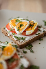 bruschetta sandwich isolated on white plate. Sandwich breakfast.