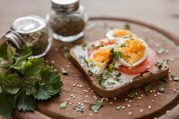 bruschetta sandwich isolated on wooden plate