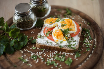 bruschetta sandwich isolated on wooden plate