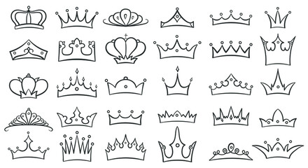 Hand drawn crown. Queen and king, princess and prince crowns sketch. Royal doodle vector set © LilVector