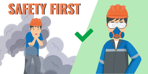 Work safety. Flat vector banner about work accident. Worker in uniform doesn't use a mask in case of gas leak or smoke. Right uniform. Personal protective equipment. PPE