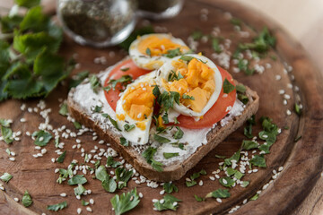 bruschetta sandwich isolated on wooden plate