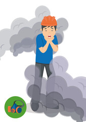 Work safety. Flat vector poster about work accident. Worker in uniform doesn't use a mask in case of gas leak or smoke.