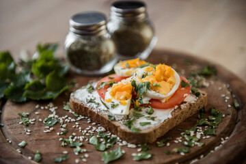bruschetta sandwich isolated on wooden plate