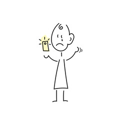 Traurige Strichfigur hält Handy in der Hand und telefoniert/Videochat