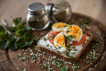 bruschetta sandwich isolated on wooden plate