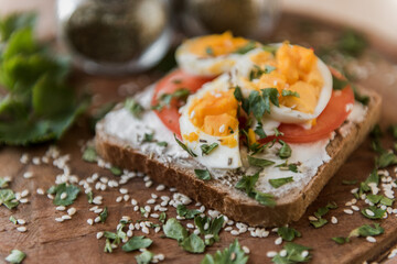 bruschetta sandwich isolated on wooden plate
