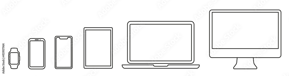 Poster set technology line devices icon: computer, laptop, tablet, smartphone, watch icons. outline mockup 