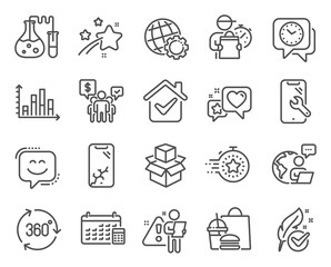 Fototapeta premium Technology icons set. Included icon as Clock, Smile face, Globe signs. Diagram graph, Timer, Chemistry lab symbols. Calendar, Smartphone repair, Hypoallergenic tested. Packing boxes, Heart. Vector