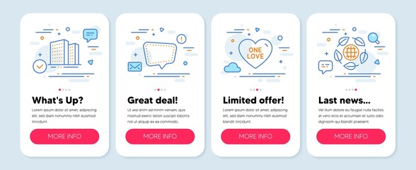 Set of line icons, such as One love, Chat message, Buildings symbols. Mobile screen mockup banners. Eco organic line icons. Sweet heart, Speech bubble, Town apartments. Bio ingredients. Vector