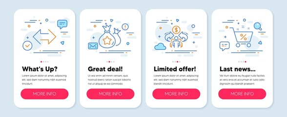 Set of Business icons, such as Sync, Loyalty points, Sharing economy symbols. Mobile app mockup banners. Loan percent line icons. Synchronize, Money bags, Share. Shopping cart. Sync icons. Vector