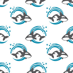 seamless pattern with orca killer whale on white background