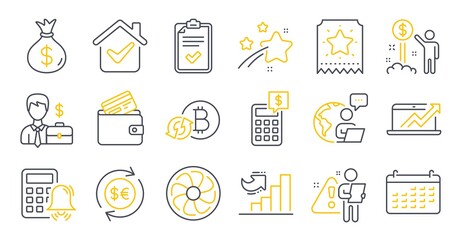 Set of Finance icons, such as Calendar, Checklist, Refresh bitcoin symbols. Businessman case, Fan engine, Income money signs. Sales diagram, Money currency, Growth chart. Loyalty ticket. Vector