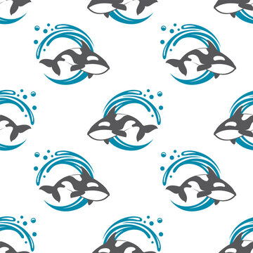 seamless pattern with orca killer whale on white background