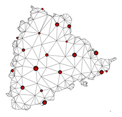 Polygonal mesh lockdown map of Telangana State. Abstract mesh lines and locks form map of Telangana State. Vector wire frame 2D polygonal line network in black color with red locks.