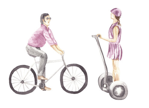 Man on a bike and woman on a segway illustration View from the side. Hand drawn hand painted illustration Riding bike person and person on a segway Isolated on white High resolution Watercolor