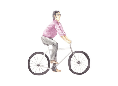 Man on a bike illustration Cyclist view from the side. Hand drawn hand painted illustration Riding bike person isolated on white High resolution Watercolor