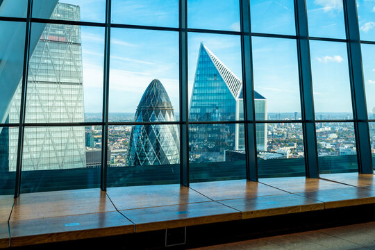 View of the Gherkin and  the skyline of the city of london blue sky