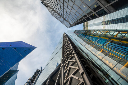 Modern business skyscrapers at liverpool street, city of London below