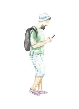 Watercolor man illustration. Hand drawn hand painted walking man with phone. Realistic people City life Human Town people Tiny people isolated on white High resolution