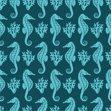 seamless nautical pattern with seahorse and coral on blue background