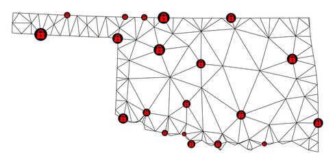 Polygonal mesh lockdown map of Oklahoma State. Abstract mesh lines and locks form map of Oklahoma State. Vector wire frame 2D polygonal line network in black color with red locks.