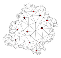 Polygonal mesh lockdown map of Lodz Province. Abstract mesh lines and locks form map of Lodz Province. Vector wire frame 2D polygonal line network in black color with red locks.