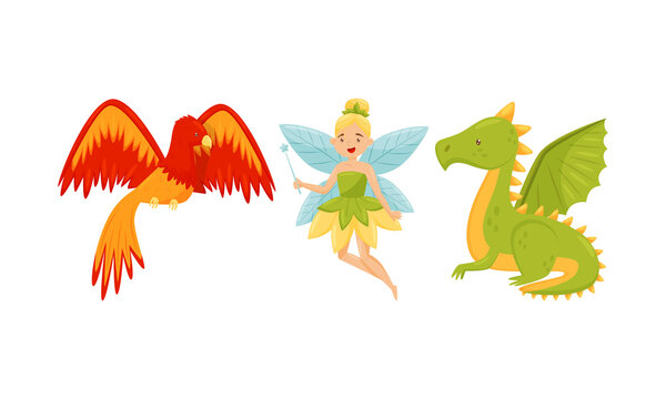 Fluttering Pixie and Phoenix Bird as Mythological and Fairy Creature Vector Set