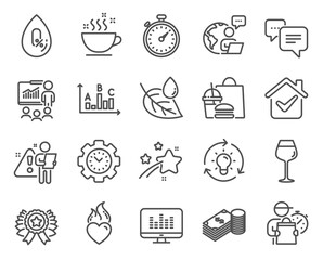 Business icons set. Included icon as Savings, Coffee cup, Idea signs. Leaf dew, Dots message, Timer symbols. Winner ribbon, Survey results, Bordeaux glass. Time management, Heart flame. Vector