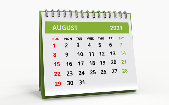 Standing Desk Calendar August 2021 Green. Business Monthly Calendar With Metal Spiral-bound, The Week Starts On Sunday. Monthly Pages On A White Base And Green Title, Isolated On A White Background