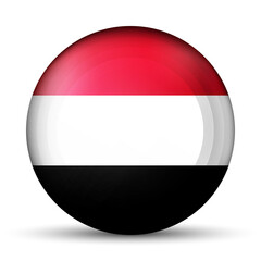 Glass light ball with flag of Yemen. Round sphere, template icon. National symbol. Glossy realistic ball, 3D abstract vector illustration highlighted on a white background. Big bubble.