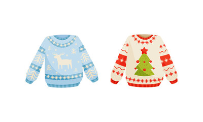 Cute Knitted Christmas Sweaters as Traditional Holiday Clothing Vector Set