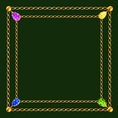 Scarf design with jewelry, chains and crystals on the emerald background. 3d vector illustration. Golden frame.