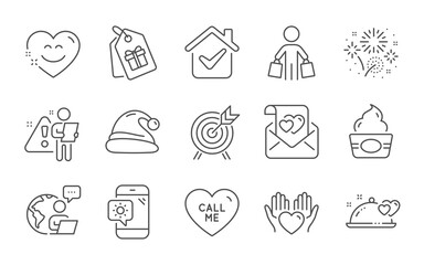Smile chat, Coupons and Romantic dinner line icons set. Santa hat, Ice cream and Fireworks signs. Archery, Call me and Buyer symbols. Weather phone, Love letter and Hold heart. Line icons set. Vector