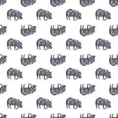 Safari animal seamless watercolor pattern. Watercolor animals backdrop.  hippopotamus pattern. Hand painted background perfect for textile, fabric, wallpaper, wrapping and packaging design, scrapbook.