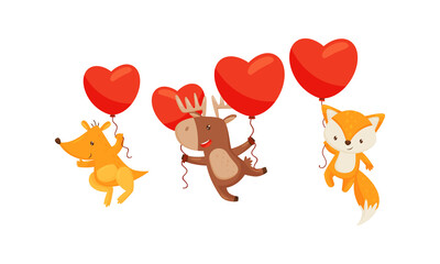 Cute Animals Holding Red Heart Shaped Toy Balloon Vector Set