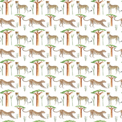 Wild cats seamless pattern. Jungle savannah animals seamless digital paper. Textile, fabric, scrapbook design, watercolor background. 
