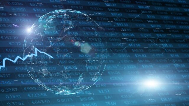 Futuristic 3d Earth planet globe rotating digital artificial intelligence with stock line growing and digital chart dark blue copy space background.