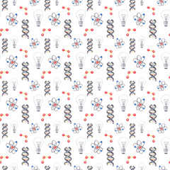 Science Lab watercolor Pattern. Atom Genome Molecule  Lamp  Medical Experiement images. Hand painted background perfect for textile, fabric, wallpaper, wrapping and packaging design, scrapbook.