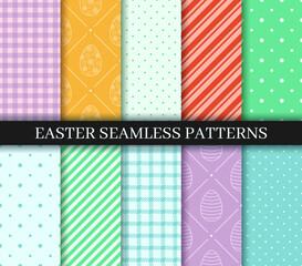Easter seamless Patterns set. Endless texture for web, wrapping paper. Eggs, Gingham, Polka Dot and Striped pattern designs collection. Pattern templates in Swatches panel, easy to change in one click
