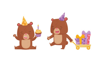 Funny Brown Bear Wearing Birthday Hat Holding Cupcake and Pulling Trolley with Wrapped Gift Boxes Vector Set