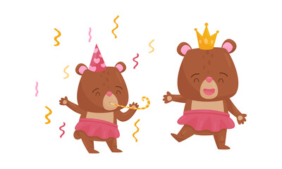 Cute Brown Bear Girl in Birthday Hat Whistling and Wearing Crown Vector Set