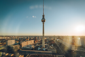 Aerial view of Berlin skyline with famous TV tower at Alexanderplatz in Mitte with pink sky at...