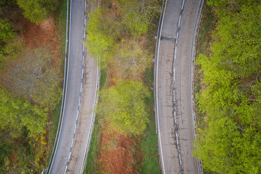 two roads in forest from aerial view