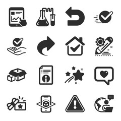 Set of Technology icons, such as Chemistry lab, Packing boxes, Technical info symbols. Loyalty gift, Share, Augmented reality signs. Undo, Internet report, Project edit. Checkbox, Approved. Vector