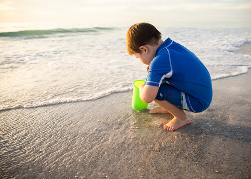 Child Kneeling with Bucket Searching for Seashells on the Shore