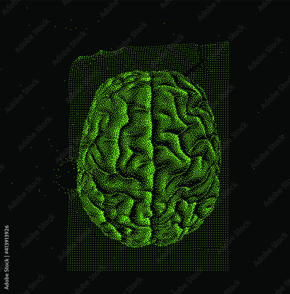 Aufkleber 3D vector illustration of brain made of pixels and particles. Concept of neural network, neurology and neuroscience.