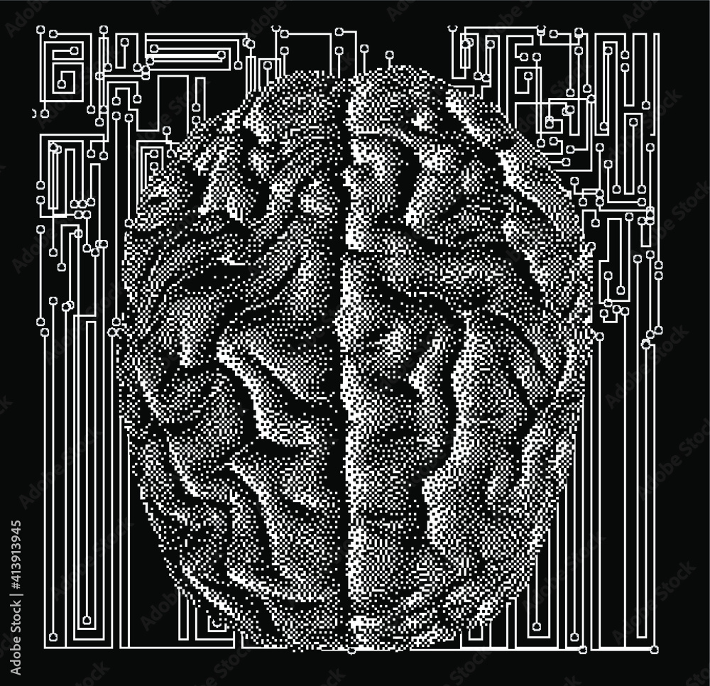 Aufkleber Surreal futuristic composition with printed circuit board and brain on the dark background. Sci-fi vector illustration made in pixel art style.