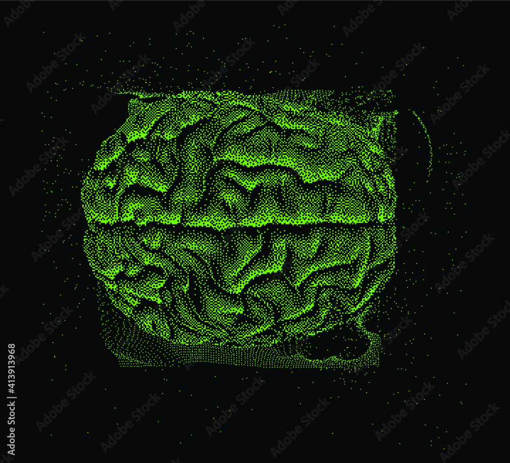 Poster 3D vector illustration of brain made of pixels and particles. Concept of neural network, neurology and neuroscience.